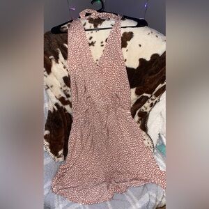 Sleeveless Taupe Pink Halter Romper Shorts with Ruffle Hem